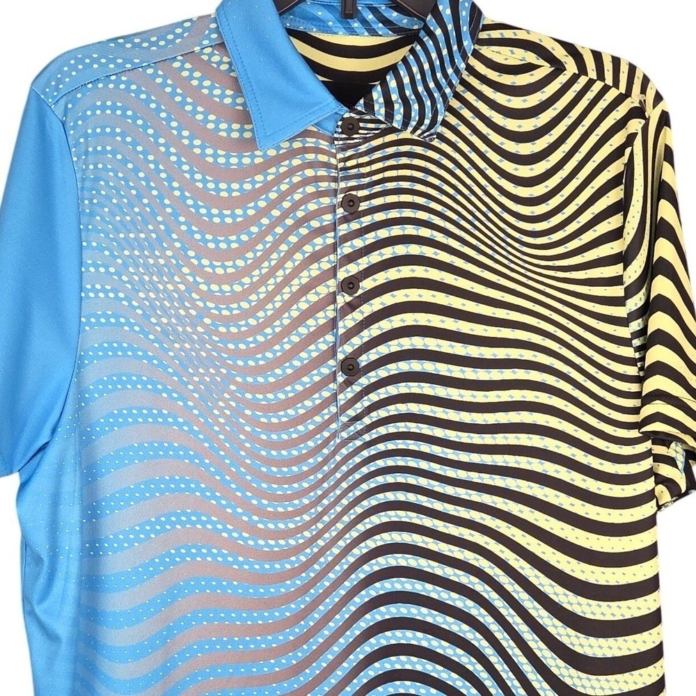 Jamie Sadock Golf‎ Polo Mens Medium Blue Yellow Black Shirt Abstract Wave Print